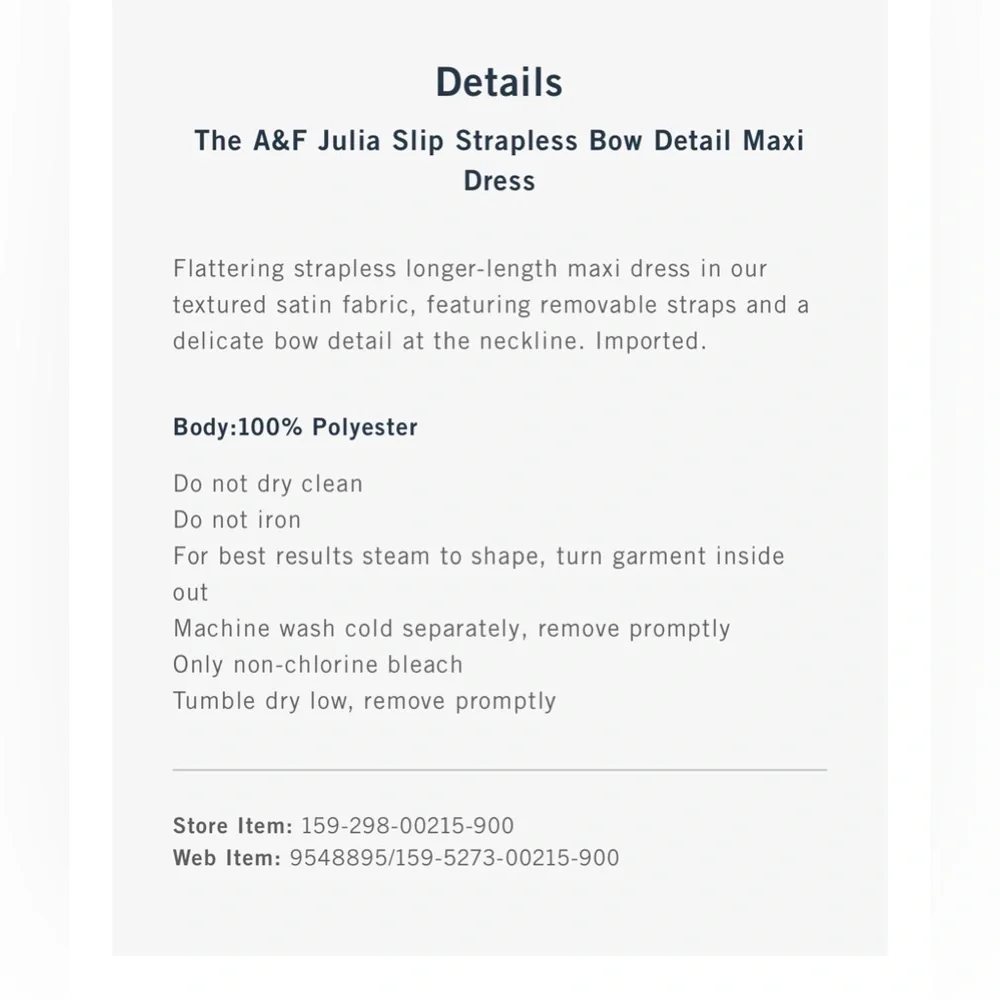 ABERCROMBIE & FITCH Julia Slip Strapless‎ Bow Detail Maxi Dress Satin MP